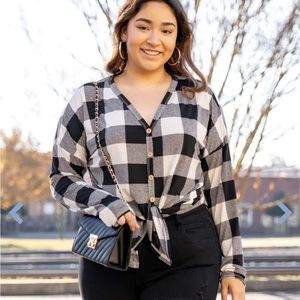 Chic soul, black olaid tie front shirt. 1xl nwt